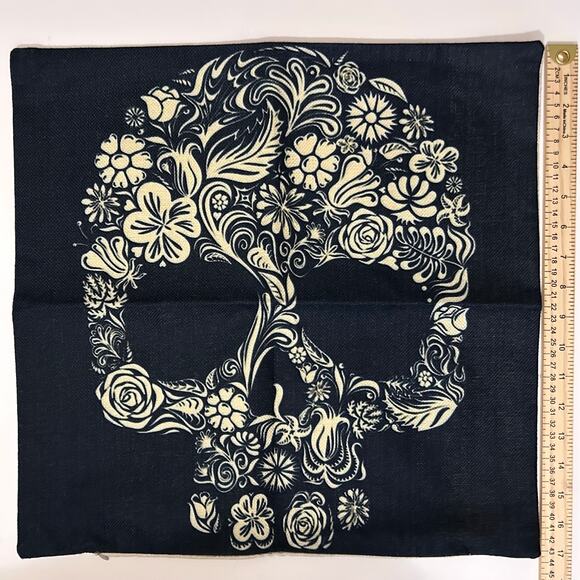 Day of the Dead Sugar Skull Black Beige Floral Pillow Cover - Picture 5 of 5